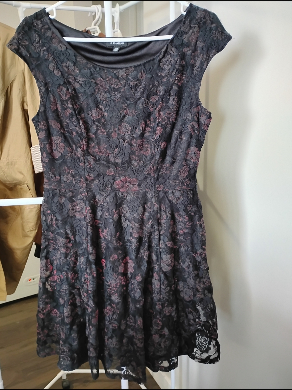 le chateau Women's Black Floral  Fit & Flare Short Cap Sleeve Lace Midi Dress